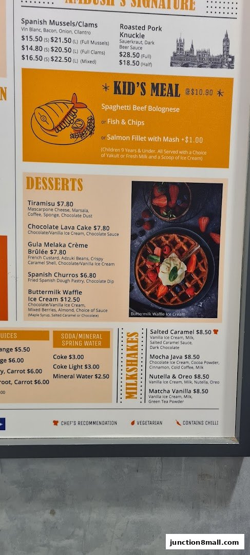 A menu featuring signature dishes, desserts, kid's meals, milkshakes, and drinks with prices.