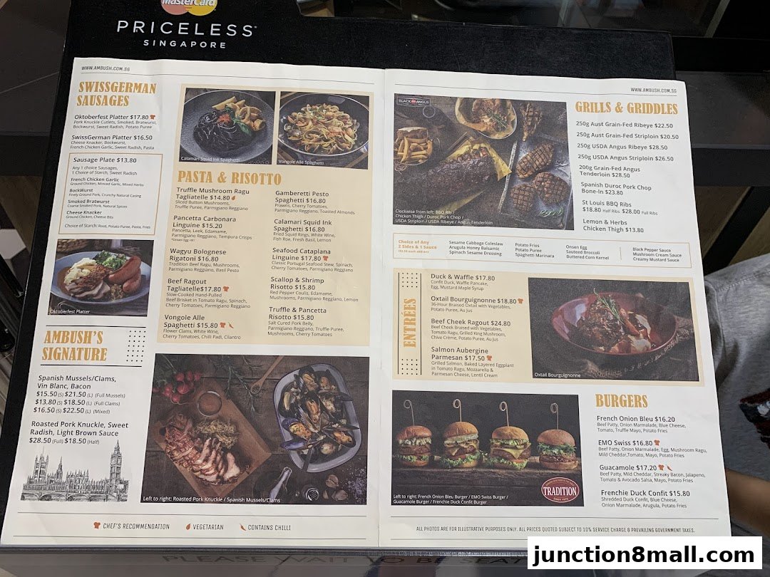 A menu from Ambush featuring Swiss-German sausages, pasta, risotto, grills, burgers, and signature dishes.