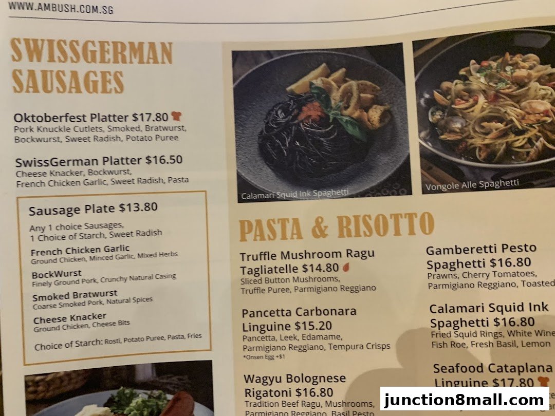 A menu featuring Swiss German sausages and pasta dishes with enticing descriptions and prices.