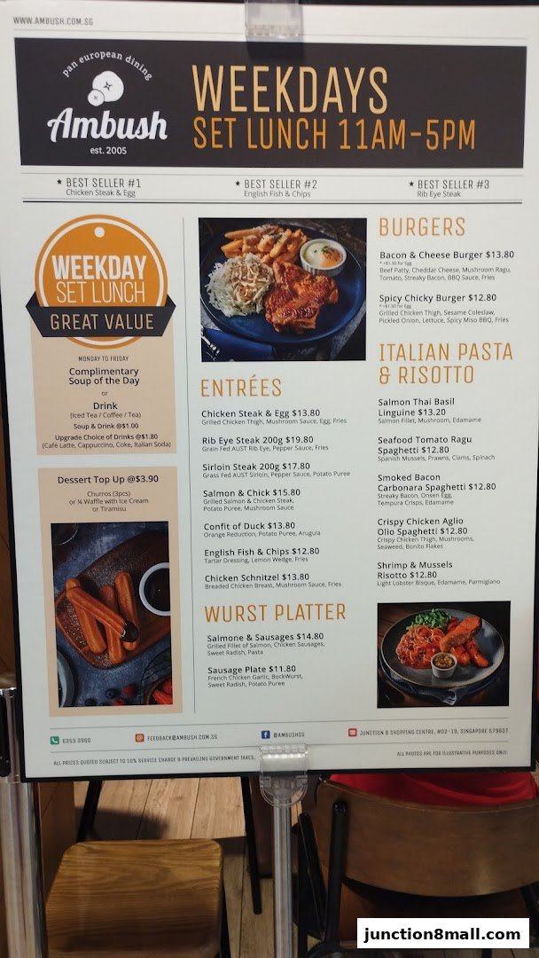 A menu for Ambush restaurant featuring weekday set lunch options, burgers, pasta, and wurst platters.