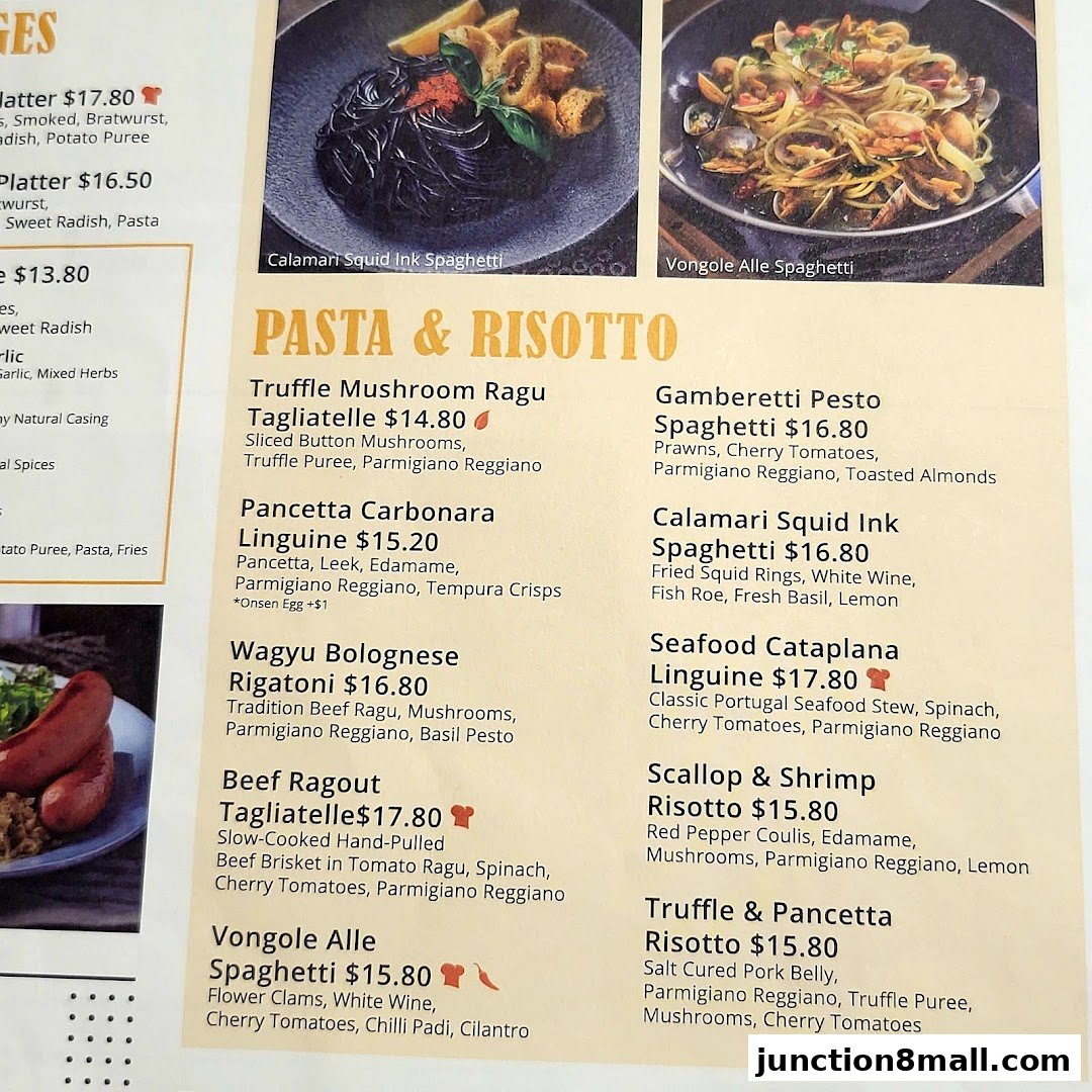 A menu featuring a variety of pasta and risotto dishes with detailed descriptions and prices.