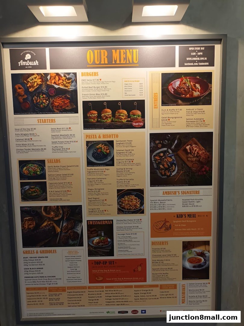 A menu board for Ambush restaurant featuring burgers, pasta, grills, desserts, and drinks.