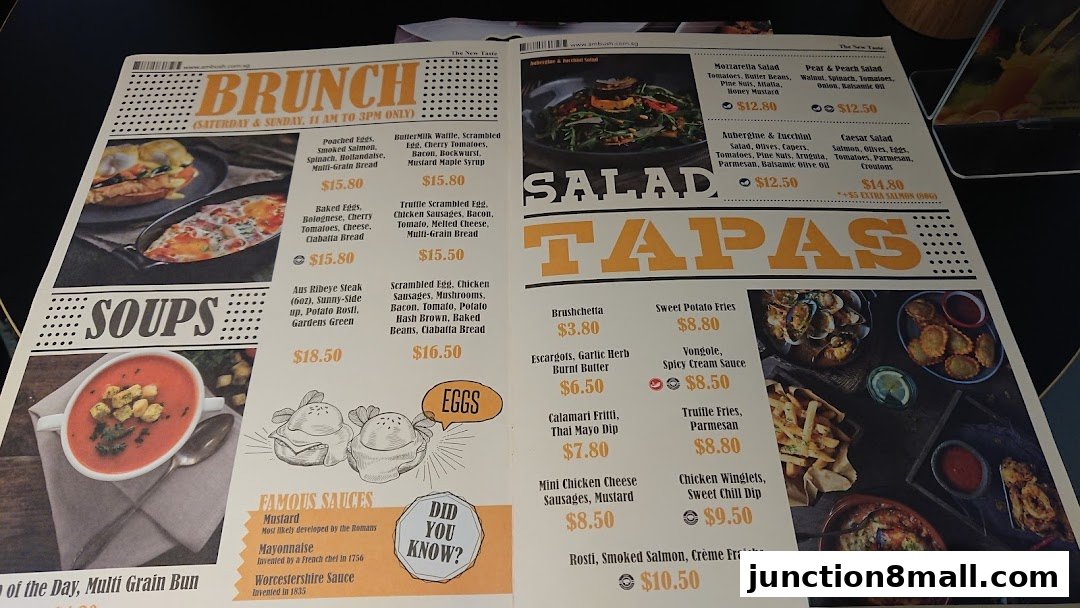 A menu from Ambush featuring brunch, soups, salads, and tapas with enticing food photography.