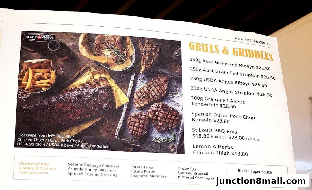 A menu from Black Angus featuring grilled meats, sides, and sauces.