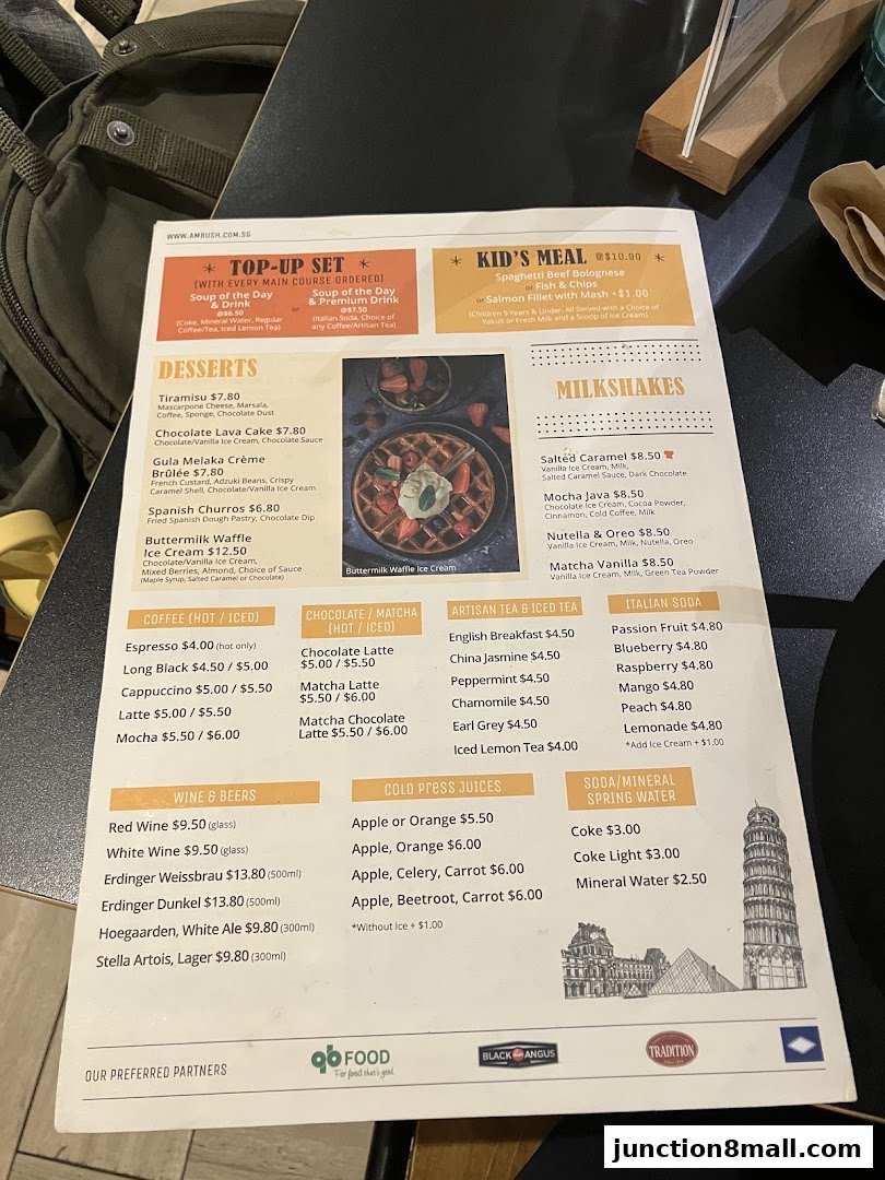 A menu from Ambush featuring desserts, coffee, milkshakes, juices, and alcoholic beverages.