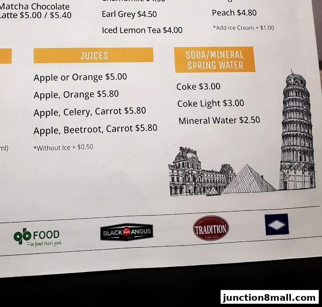 A menu featuring juices, sodas, and teas with prices, alongside illustrations of landmarks.