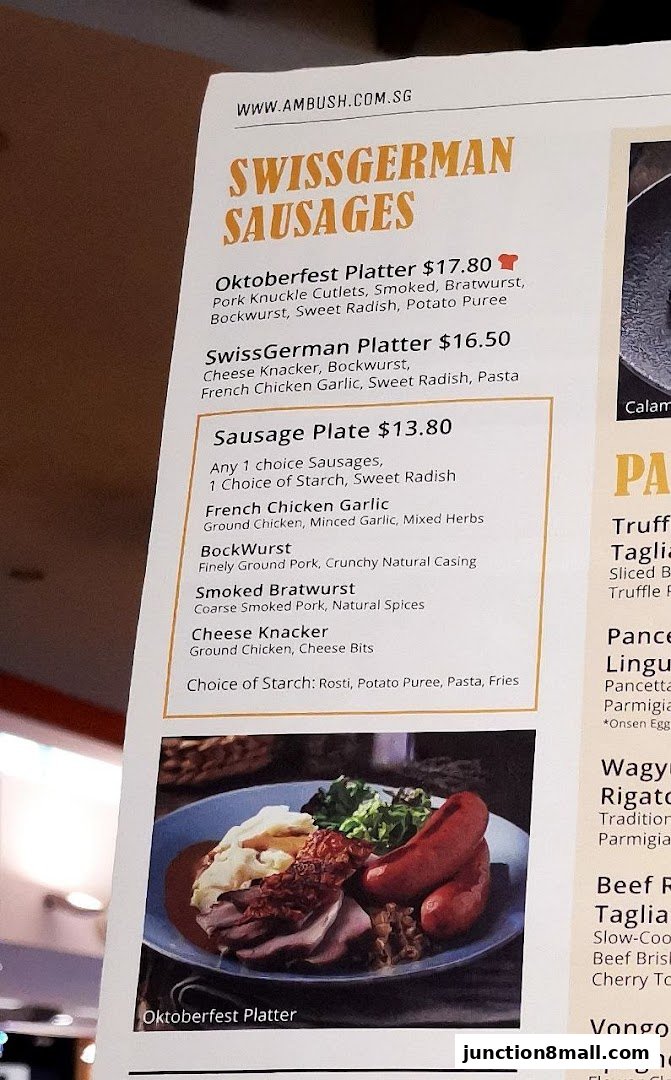 A menu featuring Swiss German sausages and platters with accompanying sides.