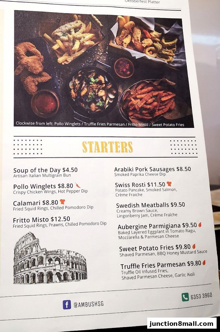 A menu featuring various starters including chicken wings, calamari, fries, and meatballs.
