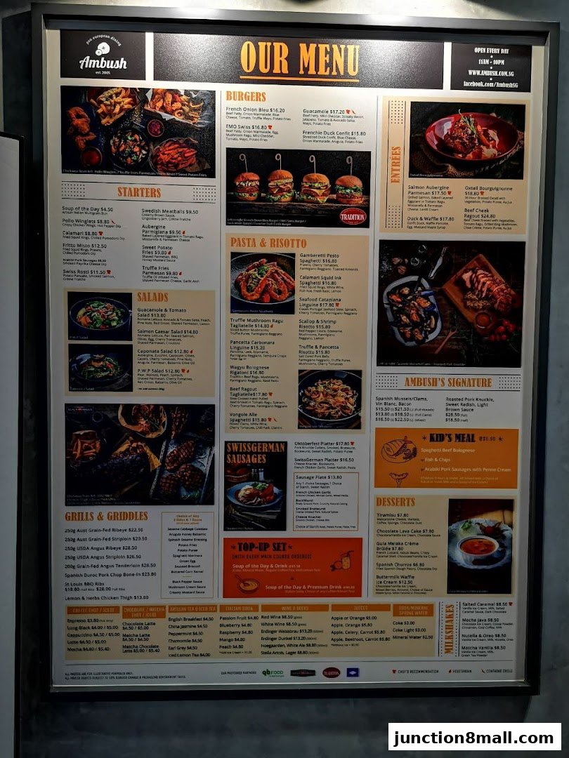 A comprehensive menu for Ambush restaurant, featuring burgers, starters, pasta, entrees, grills, and desserts.