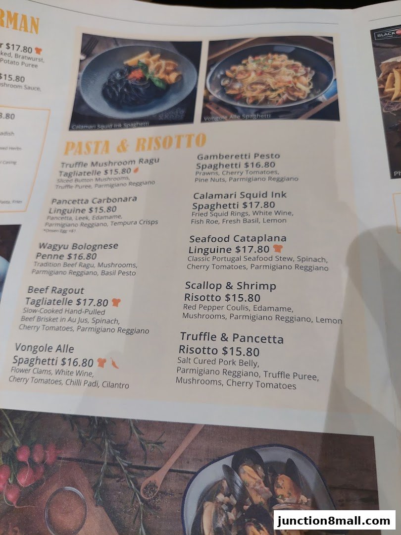 A menu page featuring pasta and risotto dishes with accompanying images.