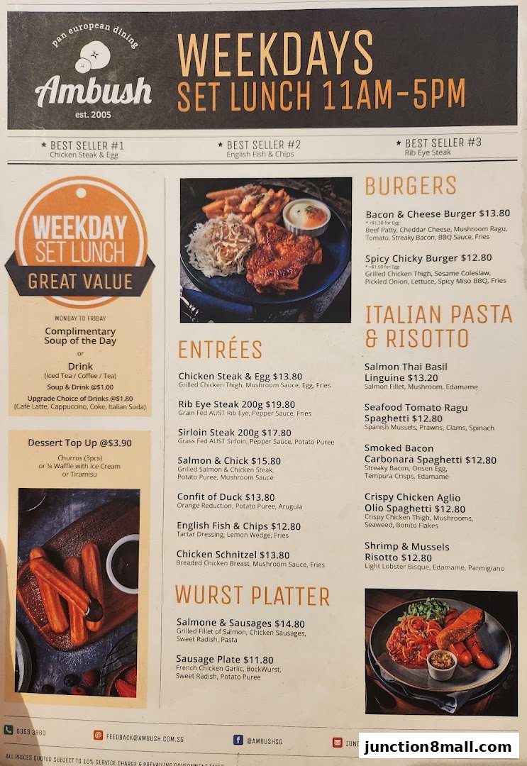 A menu for Ambush restaurant featuring weekday set lunches, burgers, pasta, and wurst platters.