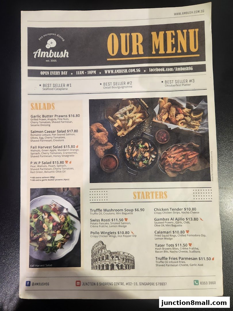 A menu from Ambush restaurant featuring salads and starters with prices.
