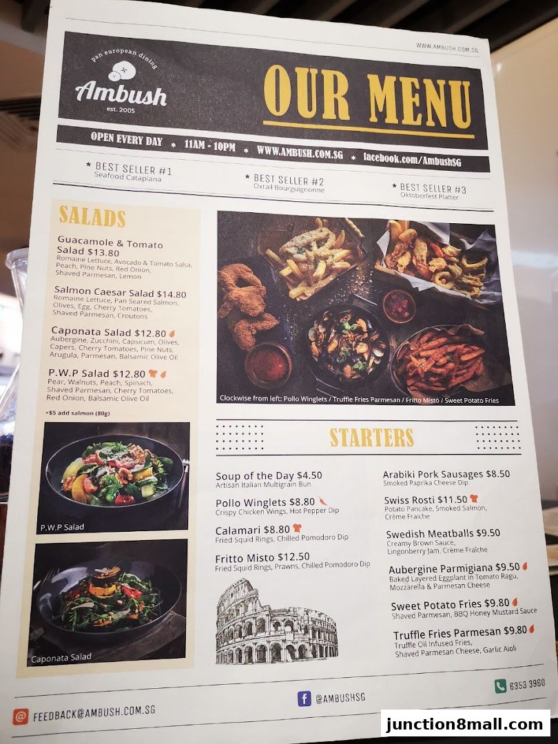 A menu from Ambush restaurant featuring salads and starters with enticing descriptions and prices.