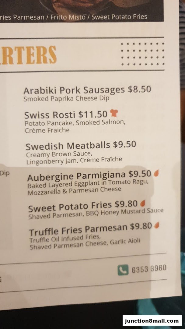 A menu featuring various appetizers and fries, including pork sausages, rosti, meatballs, and truffle fries.