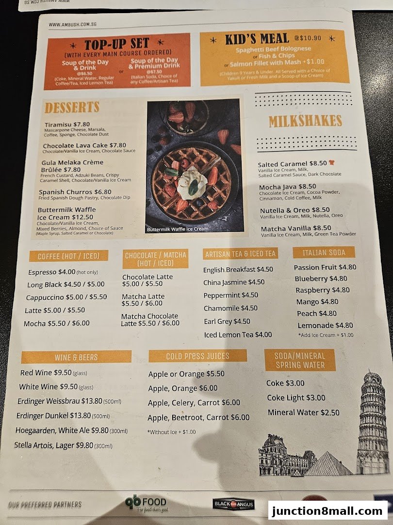 A menu from Ambush featuring desserts, milkshakes, coffee, tea, juices, wine, beer, and kids' meals.