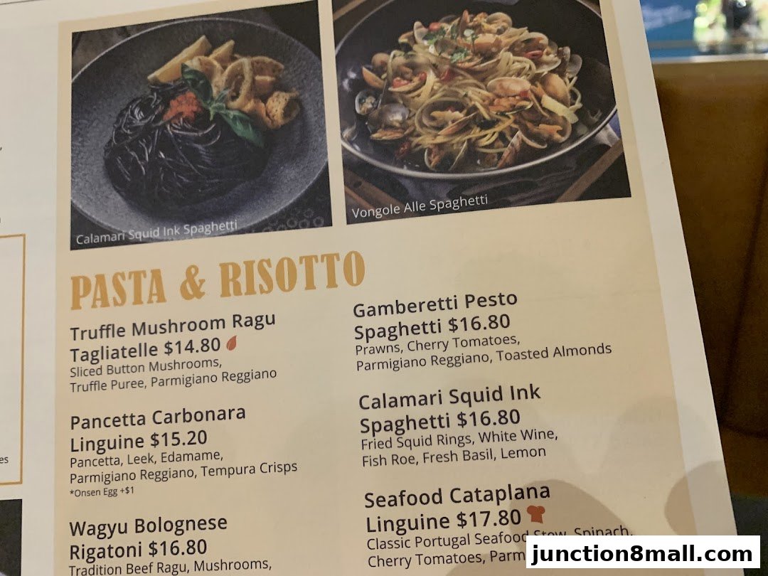 A menu featuring various pasta dishes with enticing descriptions and prices.