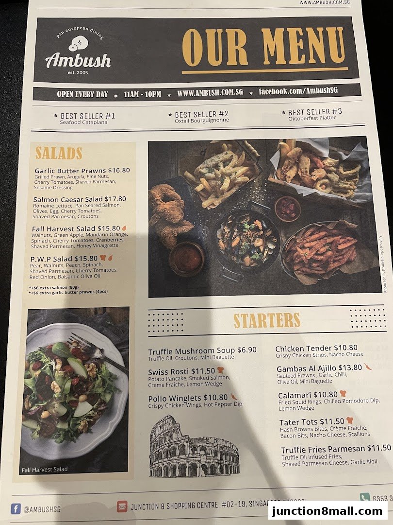 A menu from Ambush restaurant featuring salads and starters with prices and descriptions.