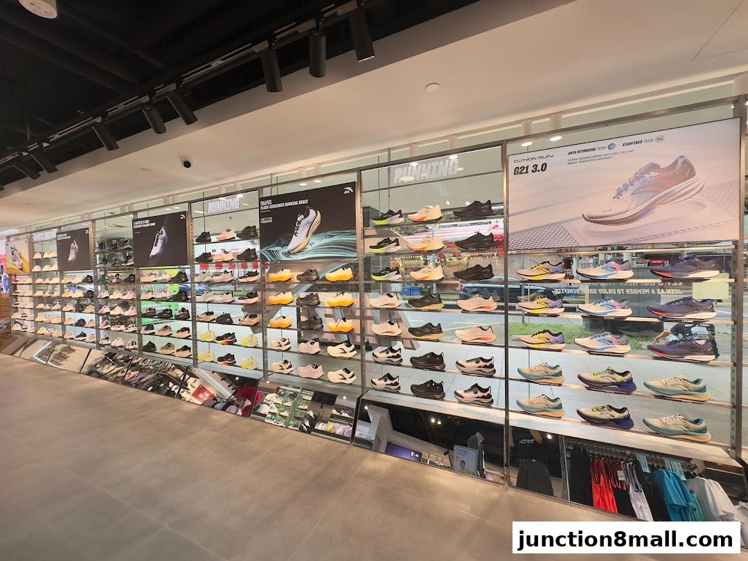 Interior view of an Anta store showcasing a wide selection of running shoes on display shelves.
