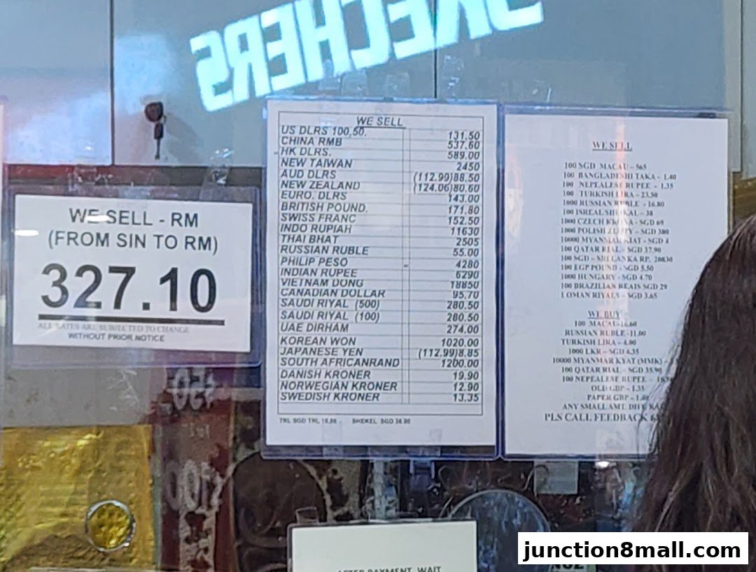 A shop window displaying currency exchange rates for various currencies.
