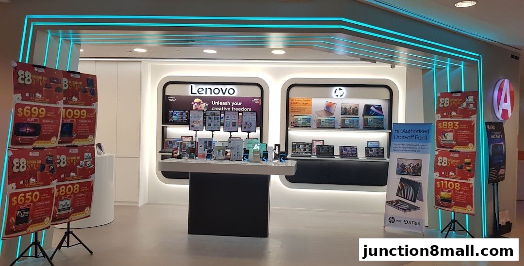 A retail store display featuring Lenovo and HP laptops and accessories with promotional signage.