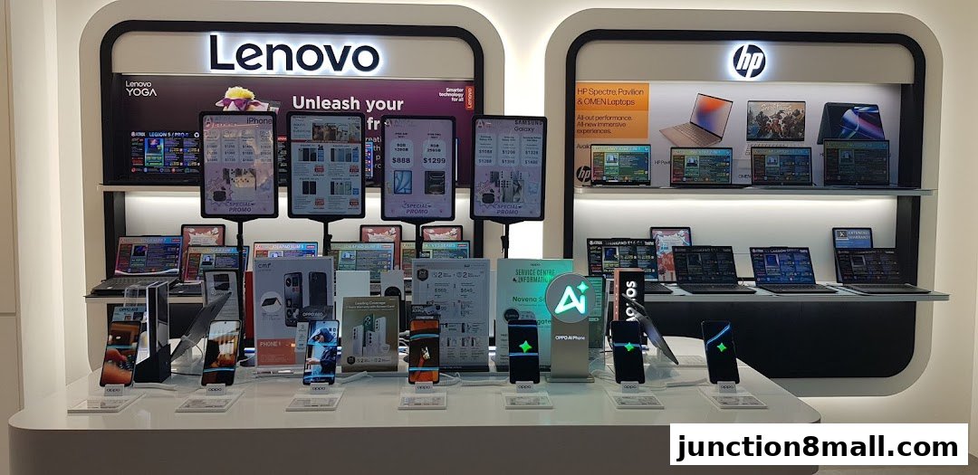 A retail display showcasing Lenovo and HP laptops and OPPO smartphones with promotional signage.