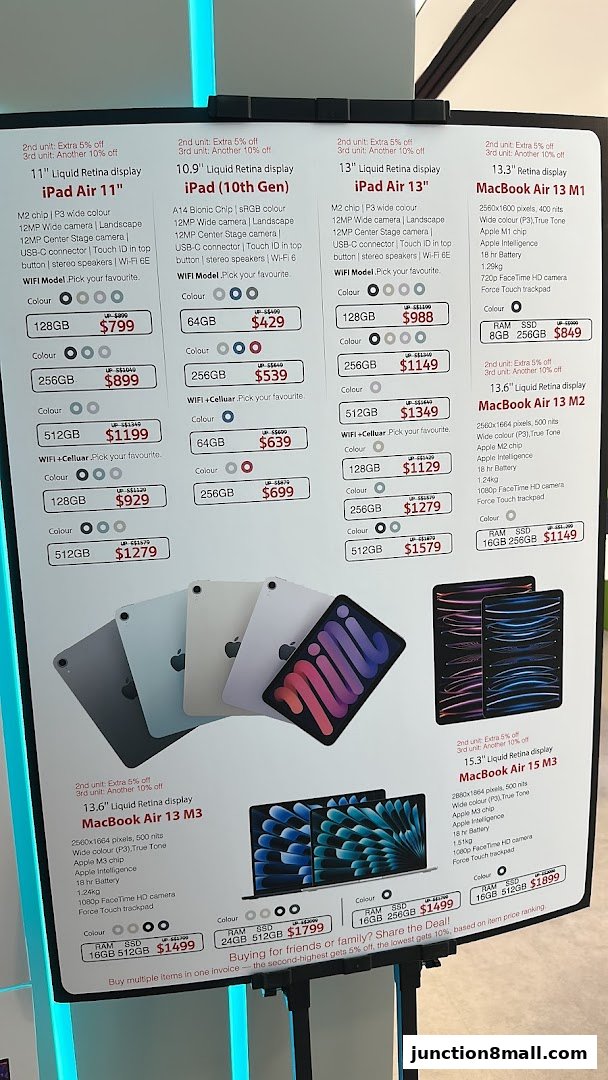 A price list showcasing various iPad and MacBook models with storage and color options.