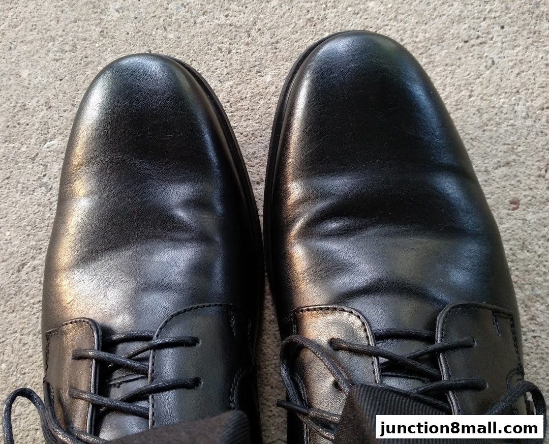 A close-up view of a pair of black leather dress shoes with laces.