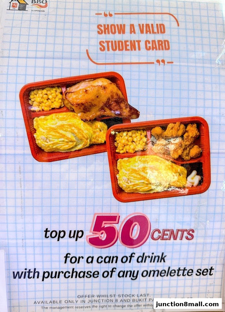 A promotional poster for BBQ Express offering a drink top-up with student card.
