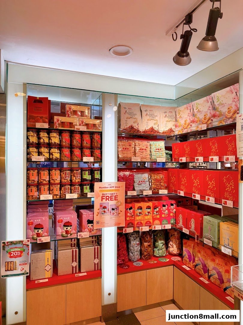 Interior view of a Bee Cheng Hiang shop showcasing various packaged food items and promotions.