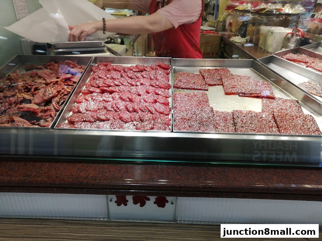 A display of various types of bak kwa (dried meat) at Bee Cheng Hiang.
