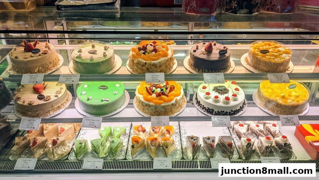 A display case filled with various cakes and pastries, showcasing a wide selection of desserts.