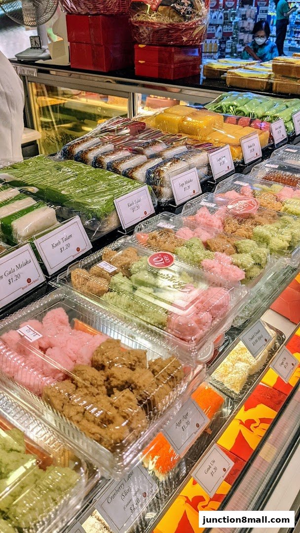 A display of colorful, individually packaged traditional Asian desserts and cakes.