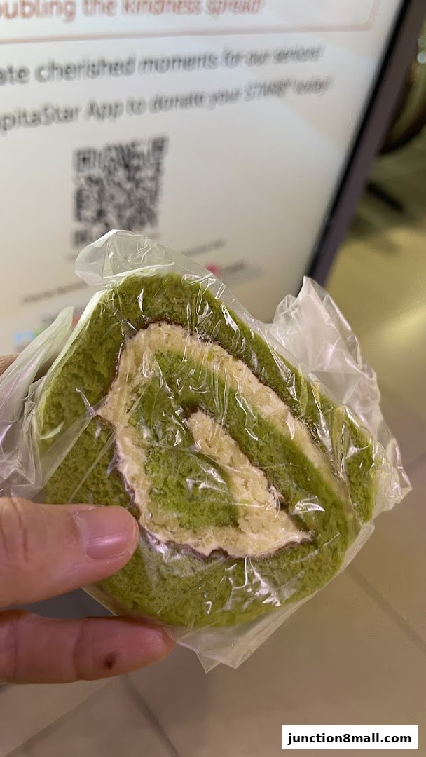 A hand holds a slice of green tea swiss roll cake wrapped in plastic.