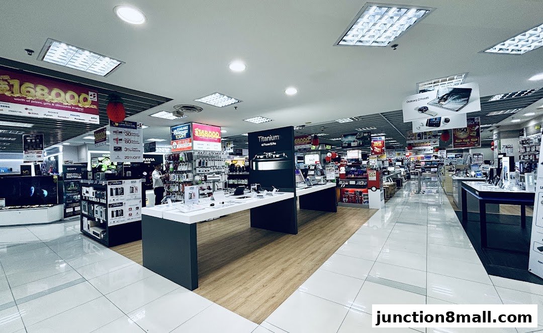 Interior view of a well-lit electronics store with various products and promotional displays.