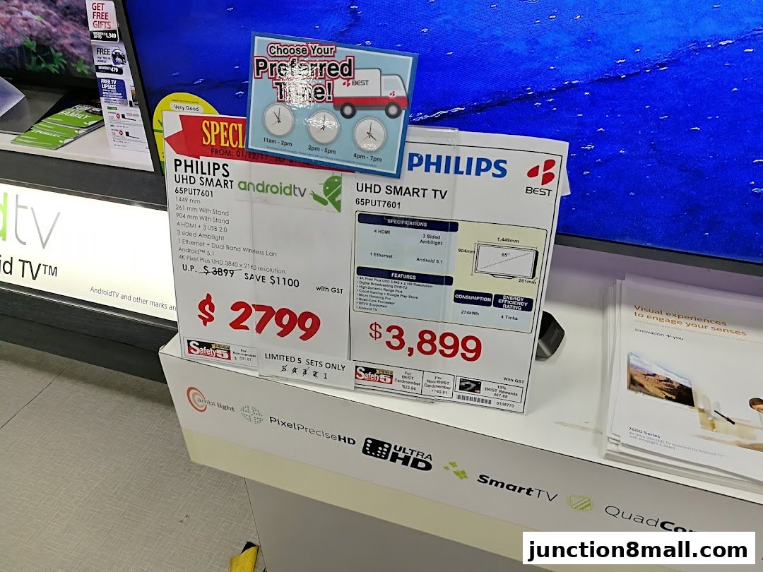 A Philips 65-inch UHD Smart Android TV is displayed with promotional pricing and specifications.