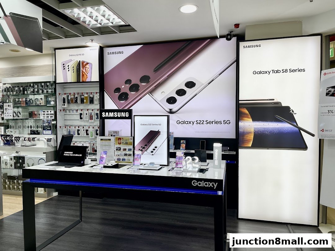 A display of Samsung Galaxy phones and tablets, showcasing the latest models.
