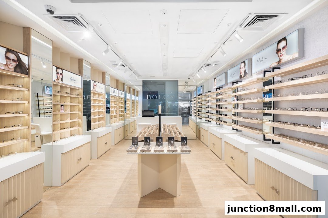 Interior view of a modern eyewear shop with shelves of glasses and promotional displays.