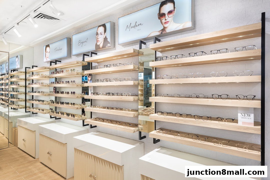 Interior of a modern eyewear shop with shelves displaying various eyeglasses and promotional posters.