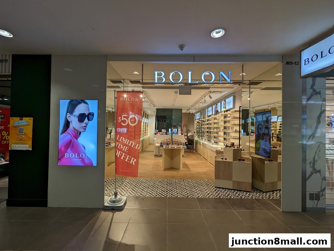 The entrance to a Bolon Eyewear store, showcasing sunglasses and a limited-time offer.