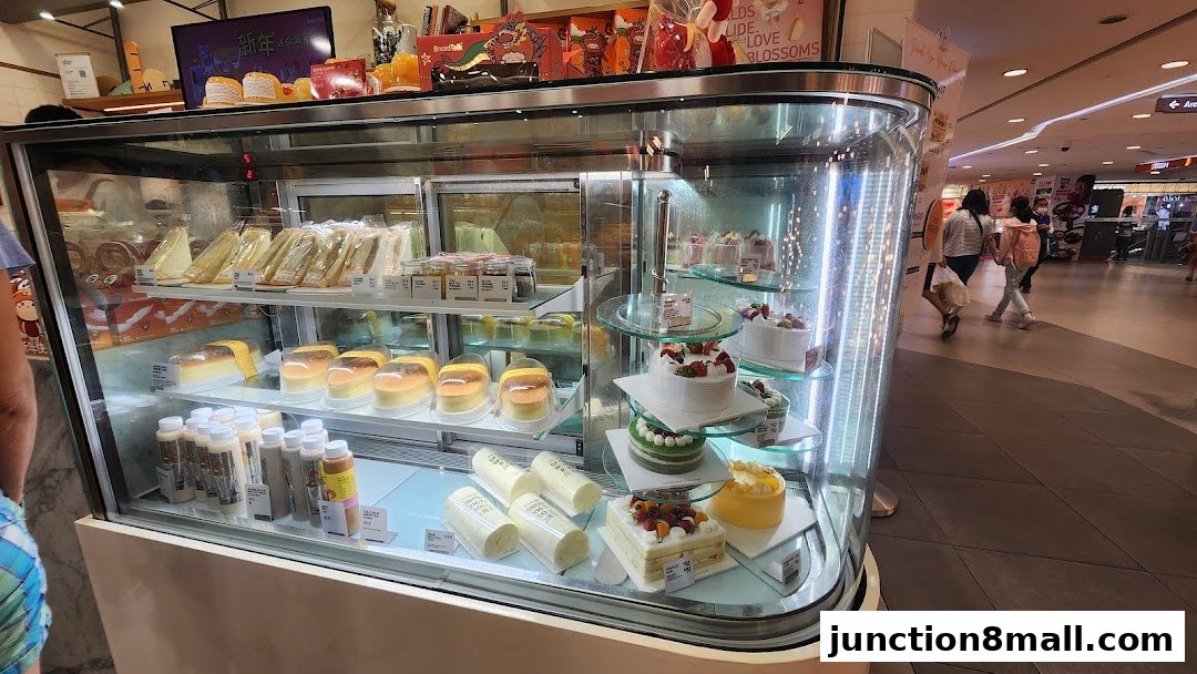 A display case filled with various cakes, pastries, sandwiches, and drinks from BreadTalk.
