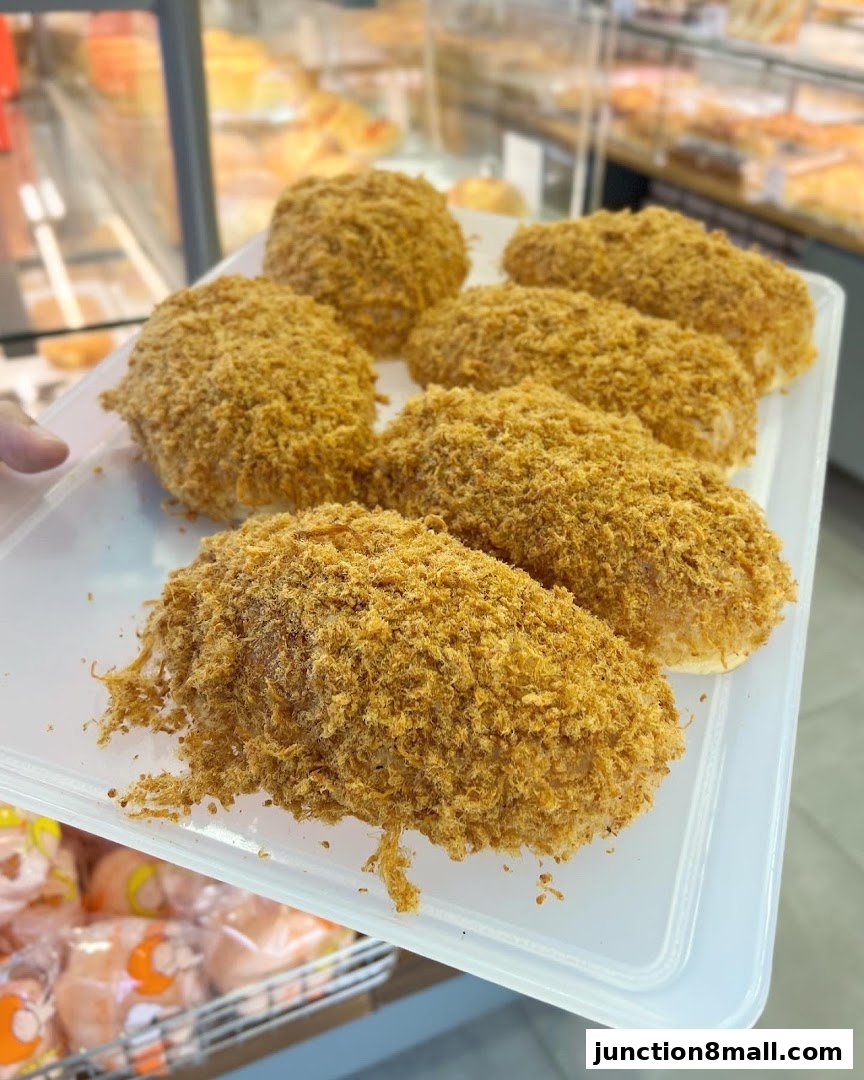 A tray of freshly baked bread rolls topped with shredded meat.
