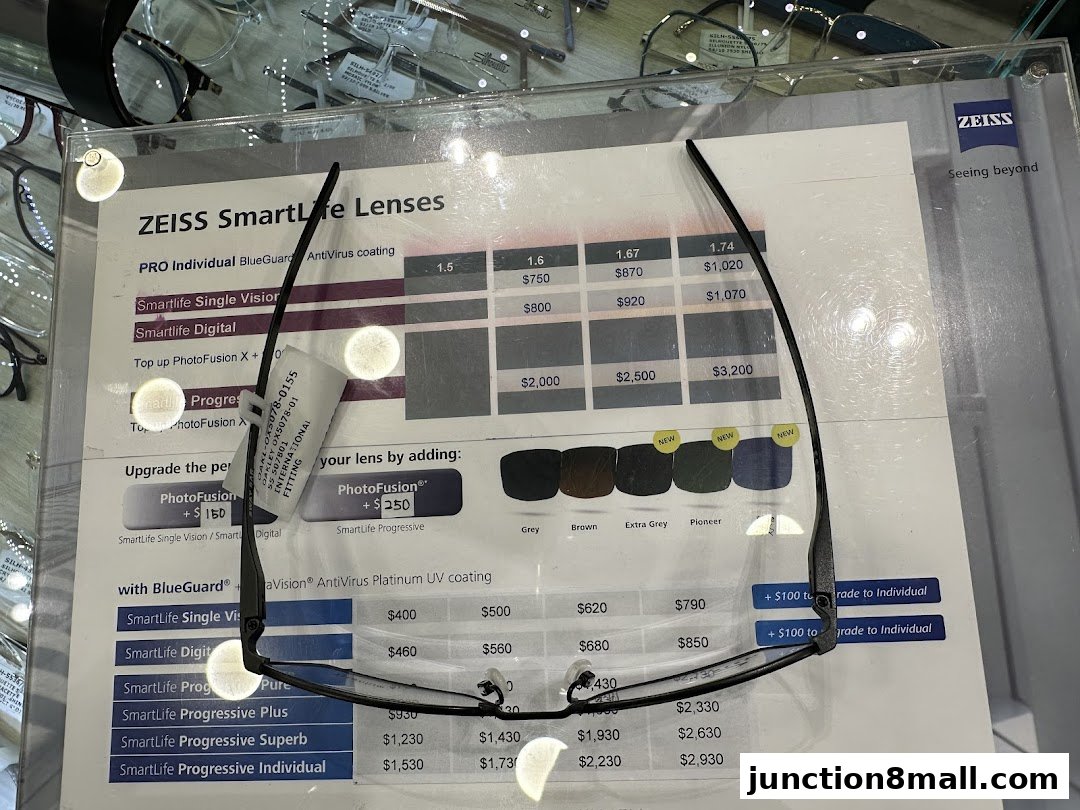 A display showcasing ZEISS SmartLife Lenses with pricing and upgrade options.