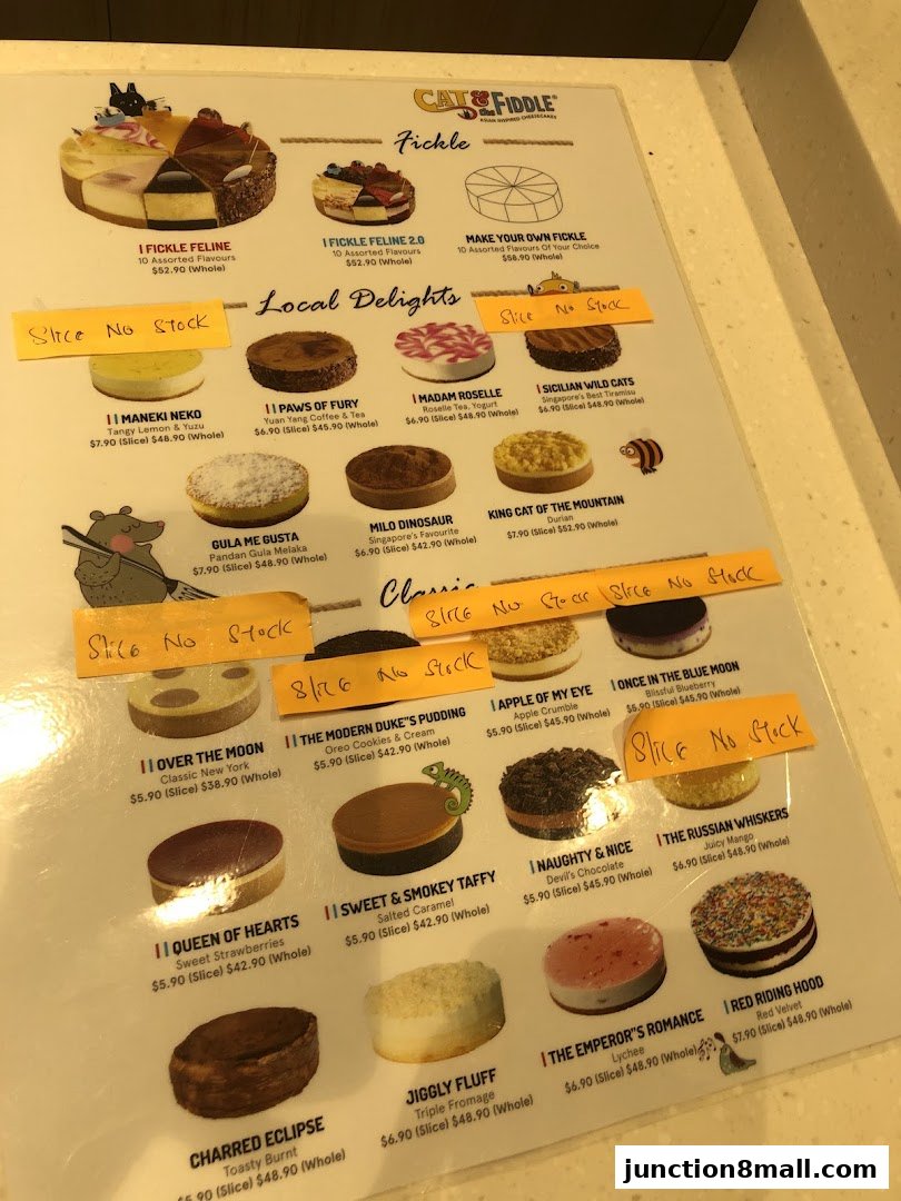 A menu board displaying various cheesecakes with their names, descriptions, and prices.