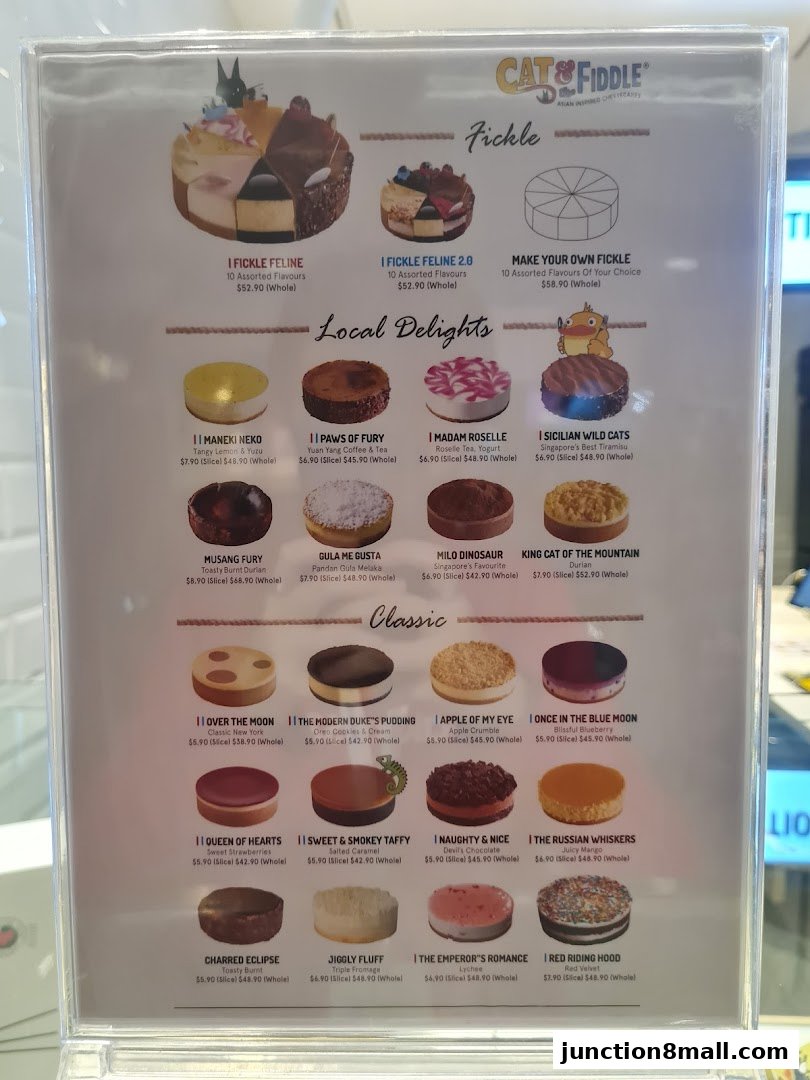 A menu showcasing various cheesecakes from Cat & the Fiddle Cakes.