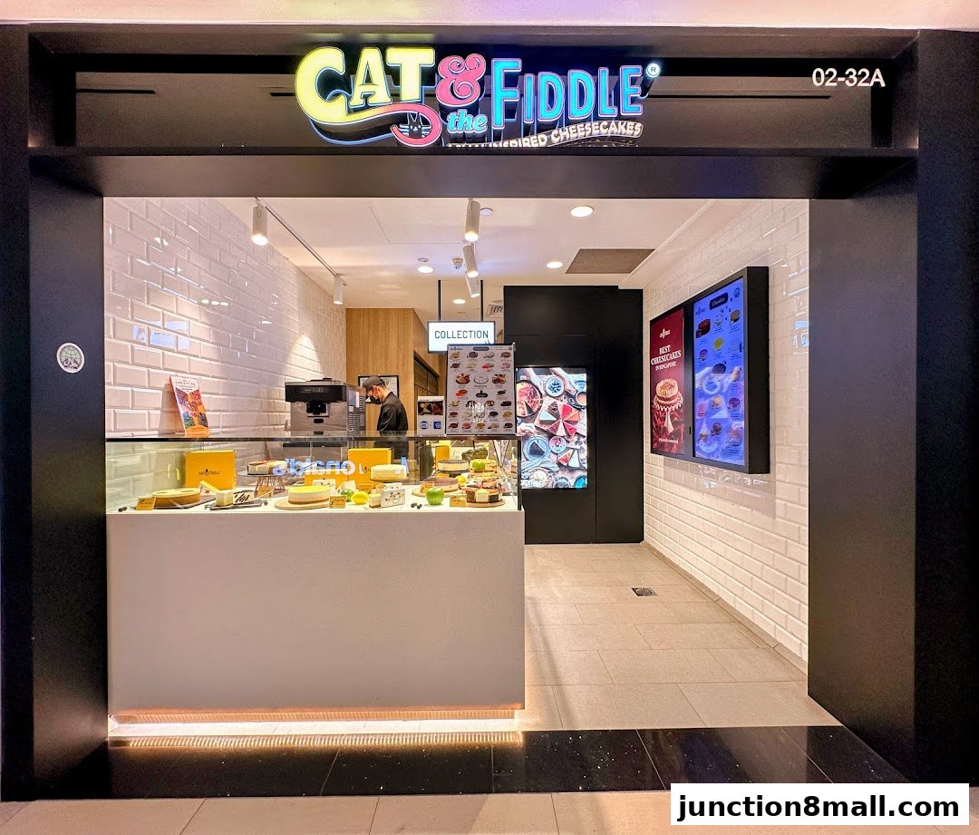 The entrance to Cat & Fiddle Cakes, showcasing a display of cheesecakes and a digital menu.