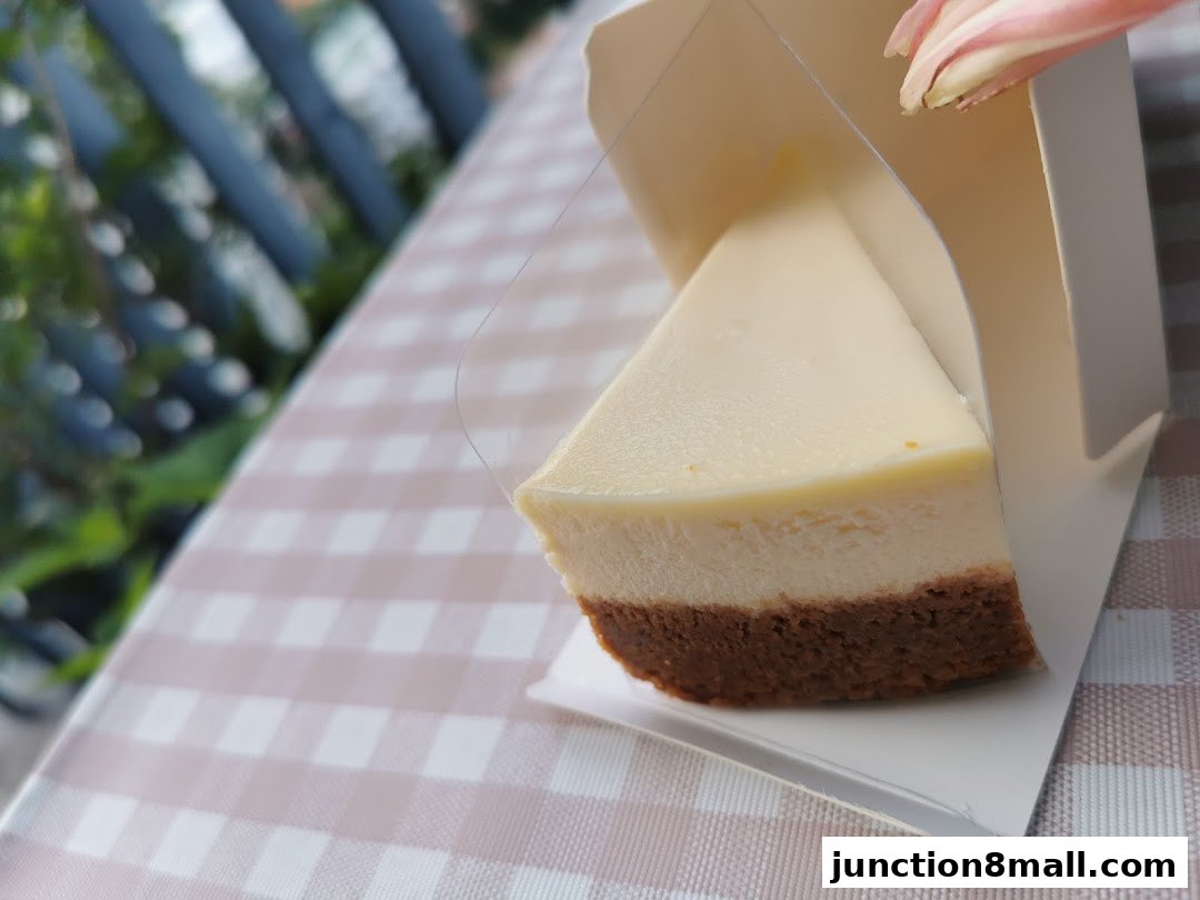 A slice of creamy cheesecake with a biscuit base, presented in a takeaway box.