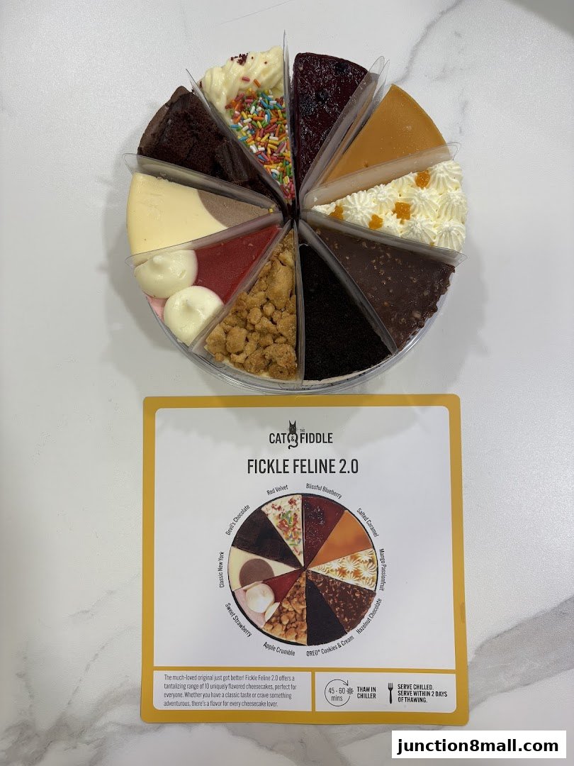 A selection of 10 different cheesecake slices arranged in a circle with a descriptive menu card.