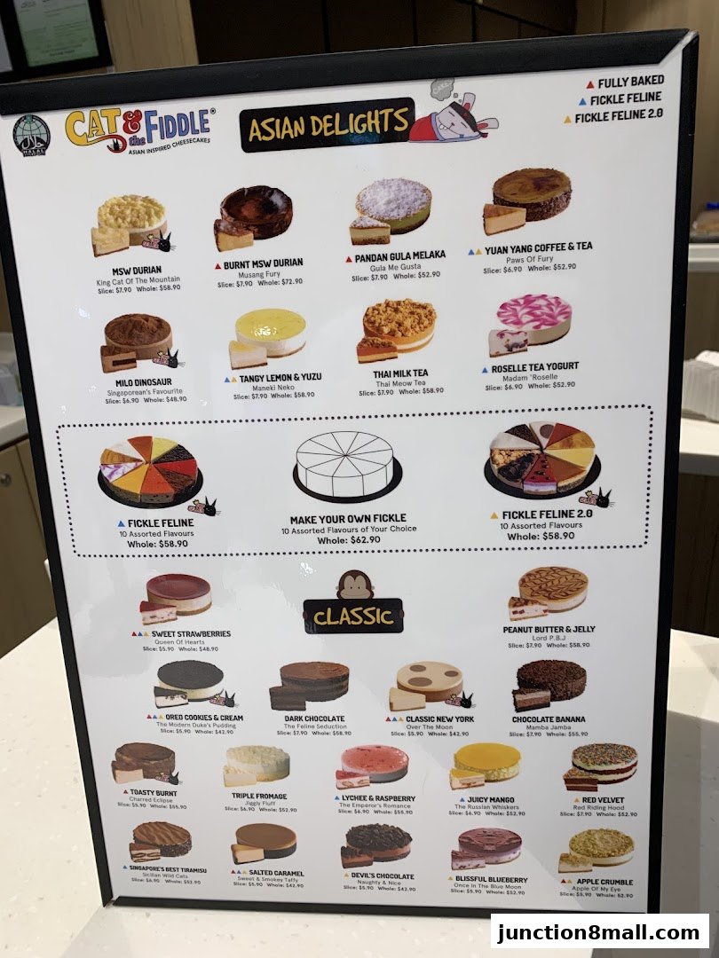 A menu board displaying various flavors of cheesecakes from Cat & the Fiddle.