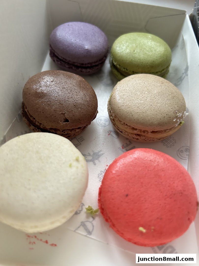 A box of colorful macarons, including purple, green, brown, beige, white, and red.