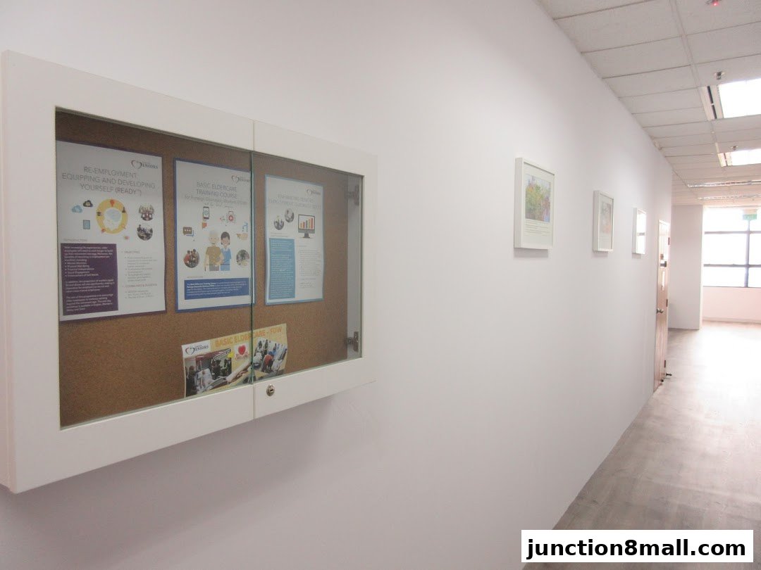 A display case with information posters and brochures on a wall in a hallway.